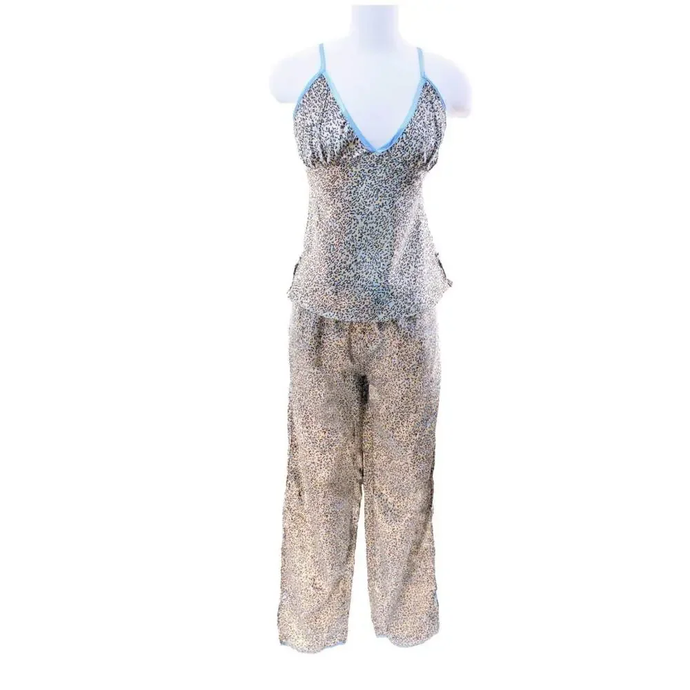 Satin Blue Brown Leopard Print Pajamas PJ's Set - Picture 2 of 2
